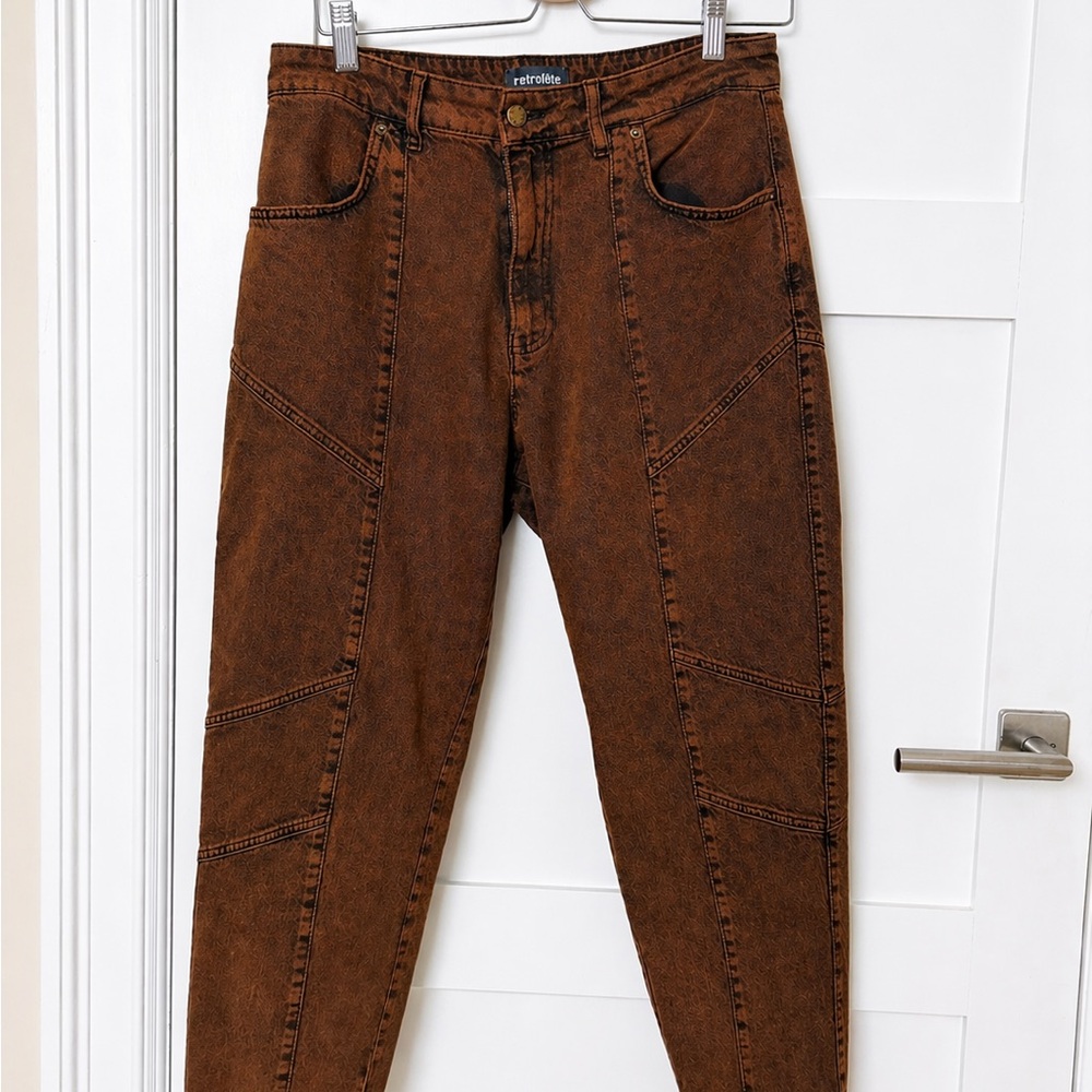 Retrofête Brown Acid Wash Jeans High Waist Tapered Fit Utility Seam Pants
